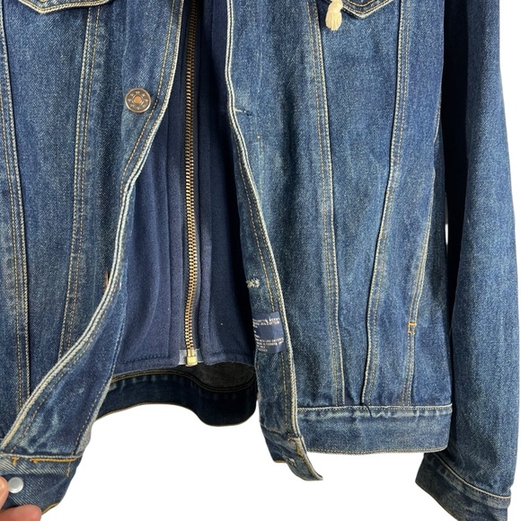 VINTAGE WEEKENDS Blue Denim Jean Jacket with Navy Blue Fleece Hood Medium - Picture 4 of 10